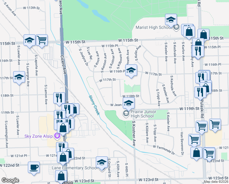 map of restaurants, bars, coffee shops, grocery stores, and more near 11711 South Rosemary Lane in Chicago