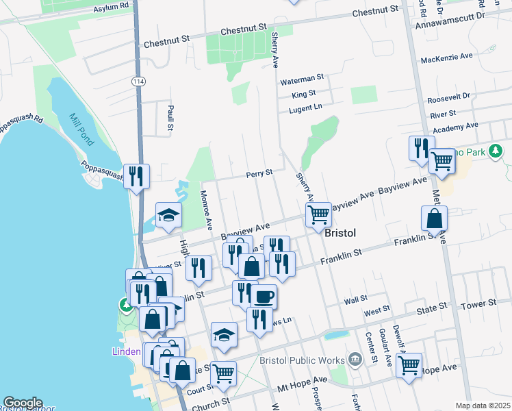 map of restaurants, bars, coffee shops, grocery stores, and more near 27 Thompson Avenue in Bristol