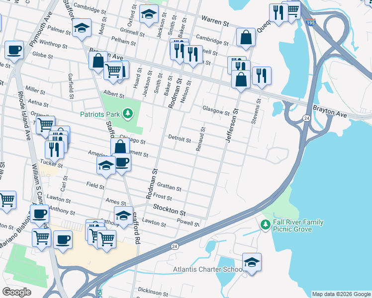 map of restaurants, bars, coffee shops, grocery stores, and more near 30 Detroit Street in Fall River