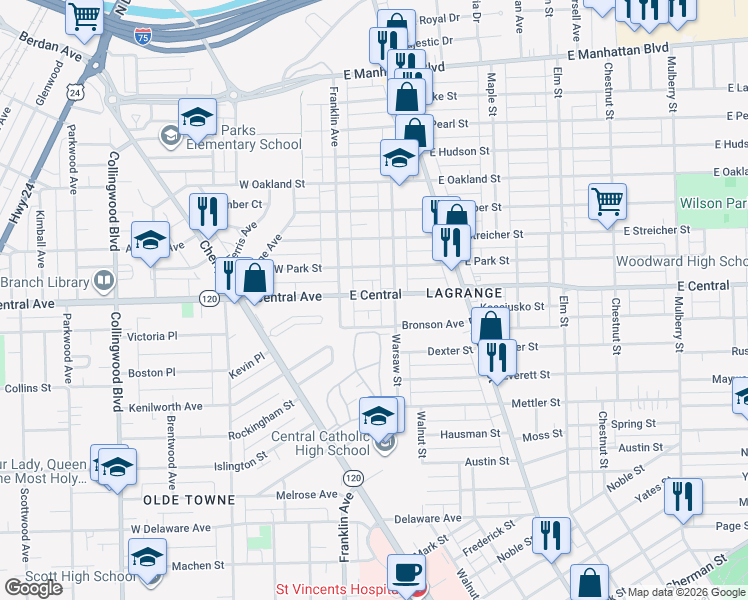 map of restaurants, bars, coffee shops, grocery stores, and more near 43 East Central Avenue in Toledo