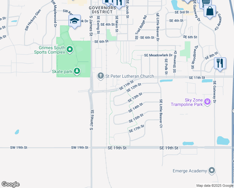 map of restaurants, bars, coffee shops, grocery stores, and more near 413 South 12th Street in Grimes