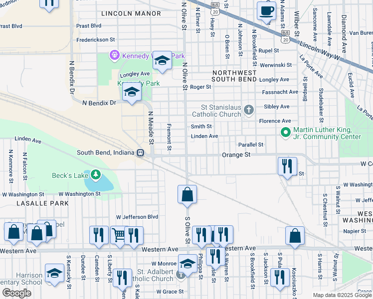 map of restaurants, bars, coffee shops, grocery stores, and more near 220 North Olive Street in South Bend