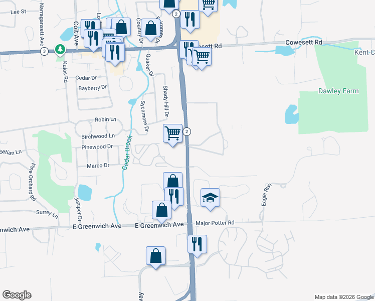 map of restaurants, bars, coffee shops, grocery stores, and more near 585 Quaker Lane in West Warwick