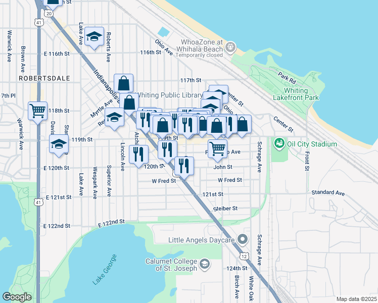 map of restaurants, bars, coffee shops, grocery stores, and more near 1335 119th Street in Whiting