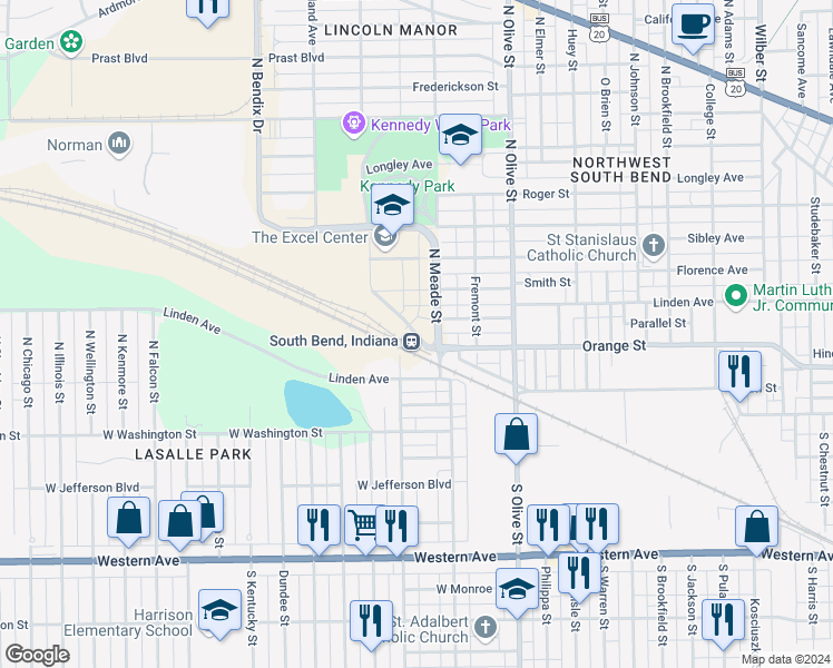 map of restaurants, bars, coffee shops, grocery stores, and more near 2633 West Washington Street in South Bend