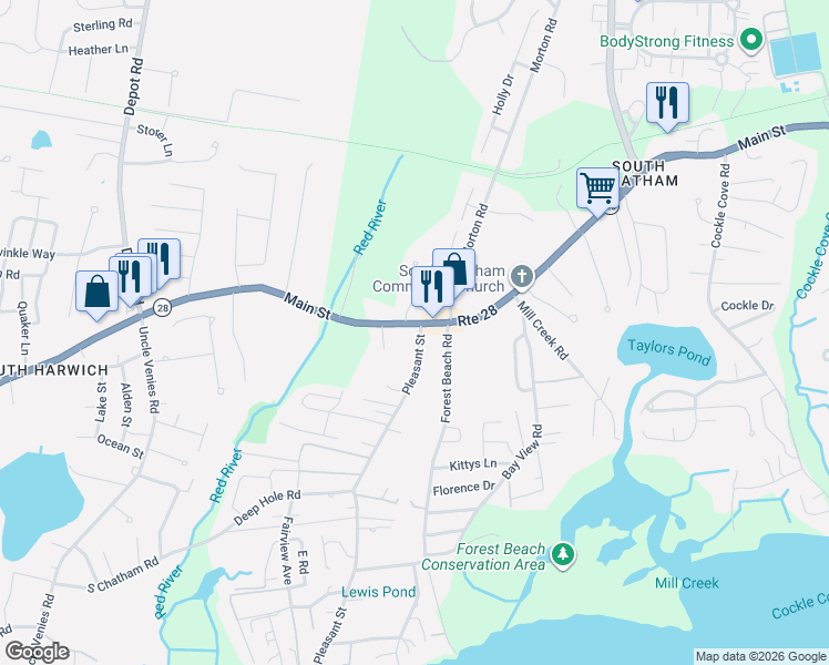 map of restaurants, bars, coffee shops, grocery stores, and more near 2654 Main Street in Chatham