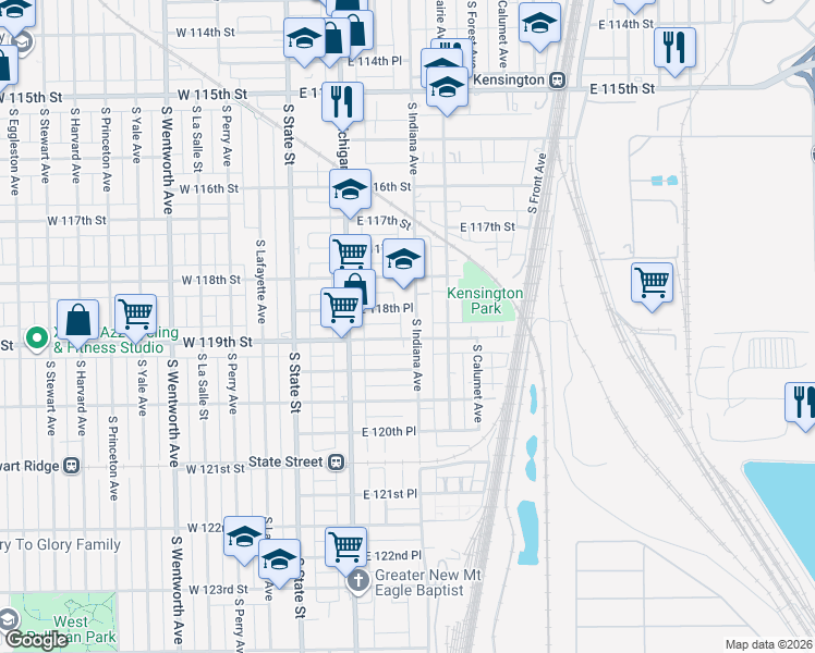 map of restaurants, bars, coffee shops, grocery stores, and more near 11834 South Indiana Avenue in Chicago