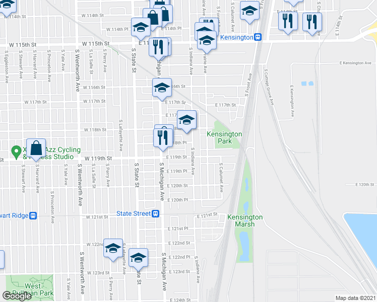map of restaurants, bars, coffee shops, grocery stores, and more near 11848 South Indiana Avenue in Chicago