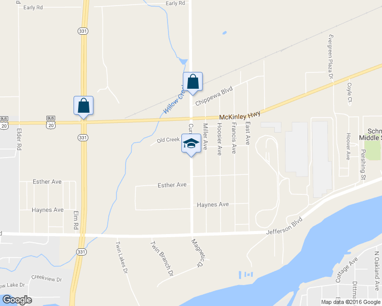 map of restaurants, bars, coffee shops, grocery stores, and more near 56219 Currant Road in Mishawaka