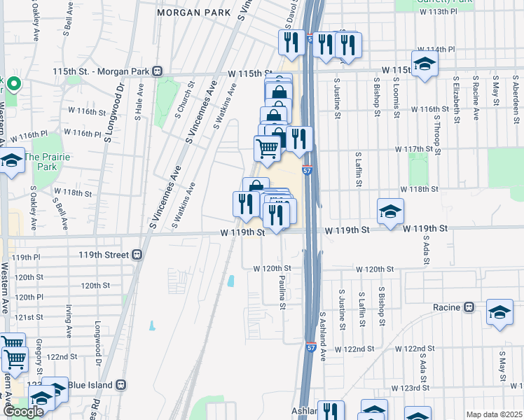 map of restaurants, bars, coffee shops, grocery stores, and more near 1700 West 119th Street in Chicago