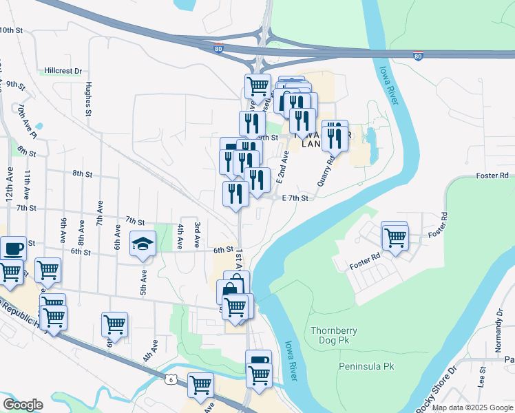 map of restaurants, bars, coffee shops, grocery stores, and more near 110 East 7th Street in Coralville