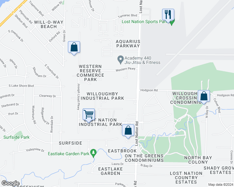 map of restaurants, bars, coffee shops, grocery stores, and more near 38325 Willoughby Parkway in Willoughby