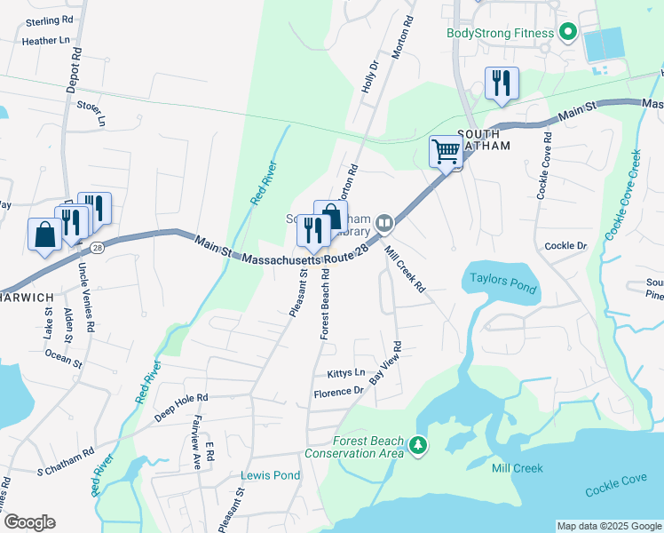 map of restaurants, bars, coffee shops, grocery stores, and more near 2629 Main Street in Chatham