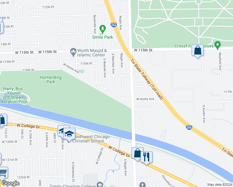 map of restaurants, bars, coffee shops, grocery stores, and more near 11649 South Natchez Avenue in Worth