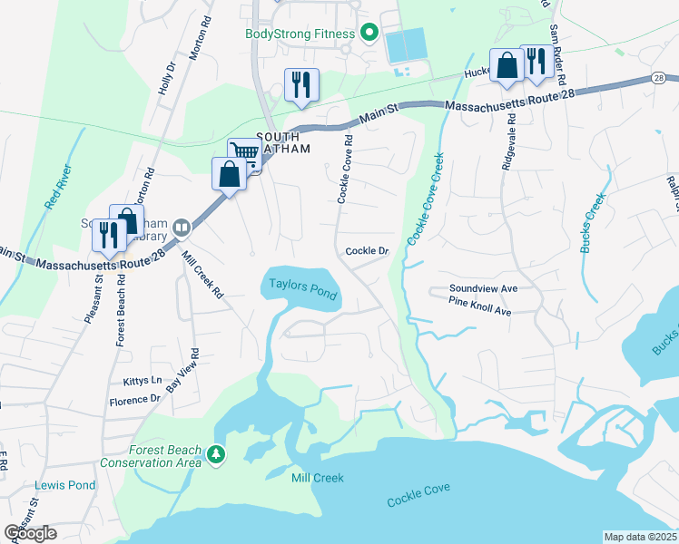 map of restaurants, bars, coffee shops, grocery stores, and more near 158 Cockle Cove Road in Chatham