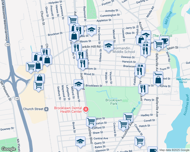 map of restaurants, bars, coffee shops, grocery stores, and more near 389 Wood Street in New Bedford