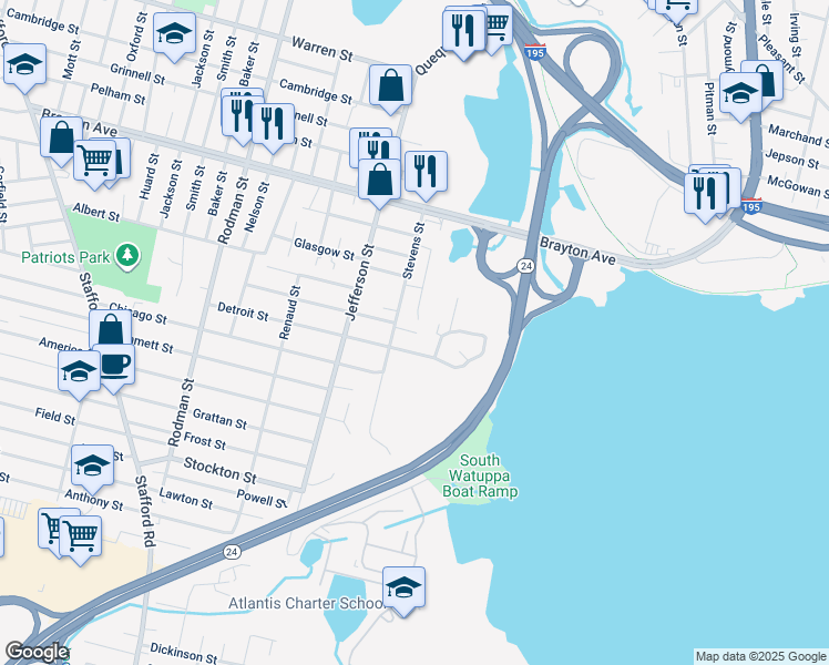 map of restaurants, bars, coffee shops, grocery stores, and more near 57 Abington Lane in Fall River