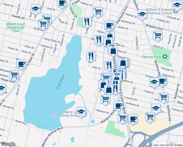 map of restaurants, bars, coffee shops, grocery stores, and more near 24 Tucker Street in Fall River