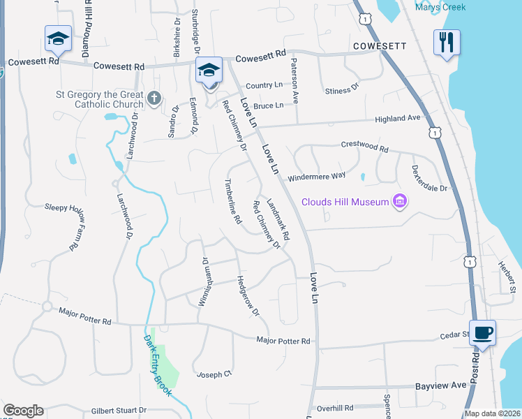 map of restaurants, bars, coffee shops, grocery stores, and more near 220 Red Chimney Drive in Warwick