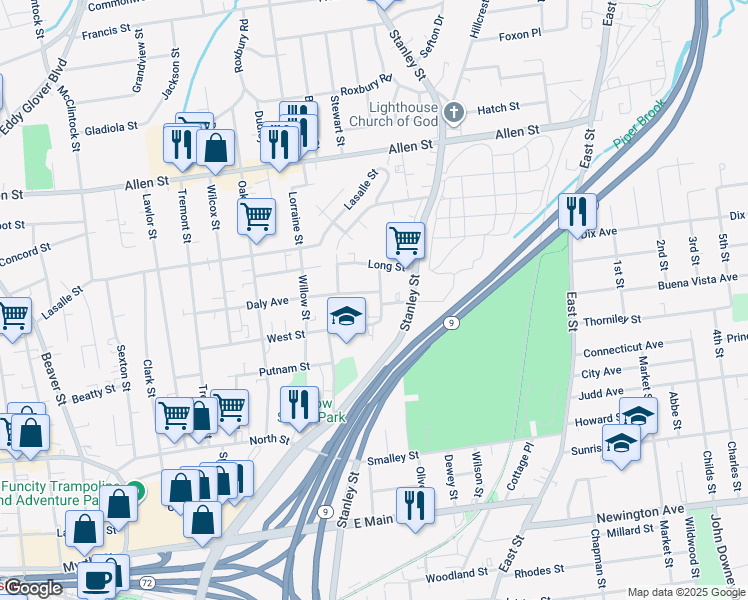 map of restaurants, bars, coffee shops, grocery stores, and more near 200 Daly Avenue in New Britain