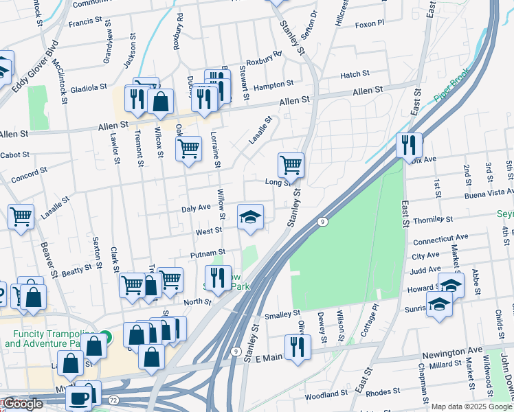 map of restaurants, bars, coffee shops, grocery stores, and more near 200 Daly Avenue in New Britain