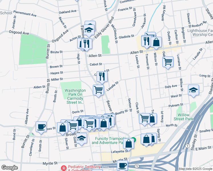 map of restaurants, bars, coffee shops, grocery stores, and more near 29 Curtin Street in New Britain