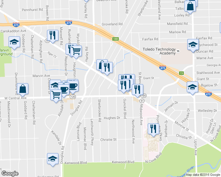 map of restaurants, bars, coffee shops, grocery stores, and more near 3136 Meadowbrook Court in Toledo