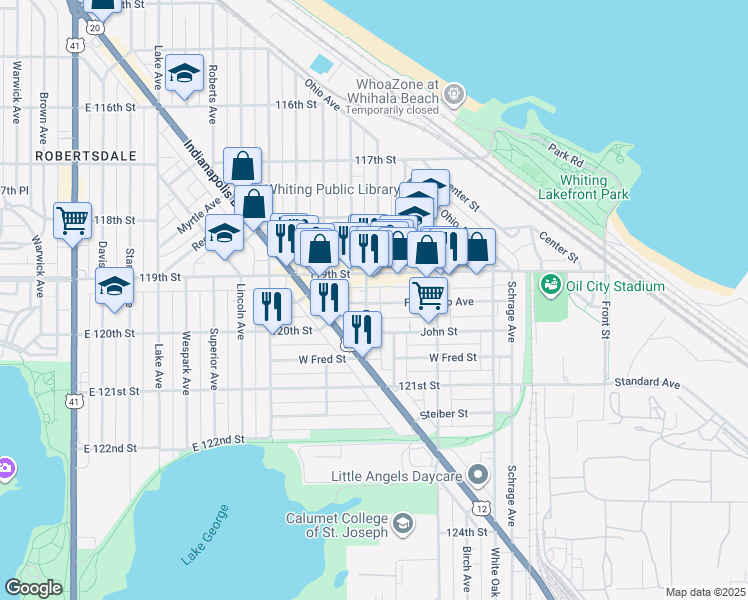 map of restaurants, bars, coffee shops, grocery stores, and more near 1406-1410 119th Street in Whiting