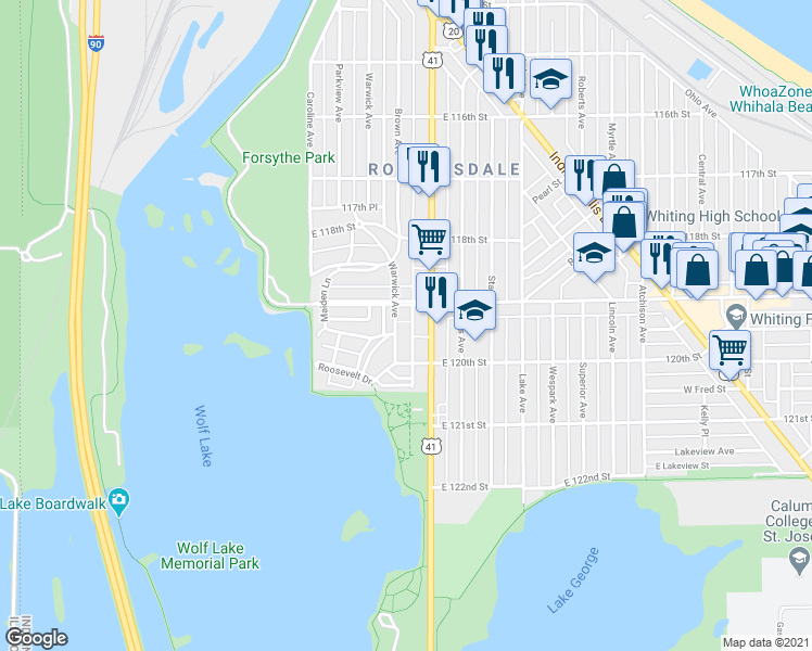 map of restaurants, bars, coffee shops, grocery stores, and more near 702 119th Street in Whiting
