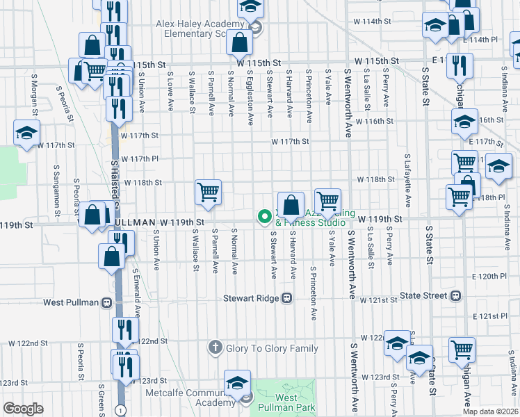 map of restaurants, bars, coffee shops, grocery stores, and more near 11817 South Eggleston Avenue in Chicago