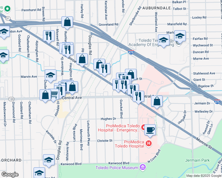 map of restaurants, bars, coffee shops, grocery stores, and more near 3123 Algonquin Parkway in Toledo