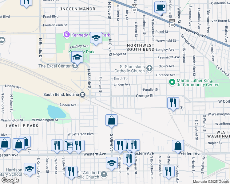 map of restaurants, bars, coffee shops, grocery stores, and more near 220 North Olive Street in South Bend