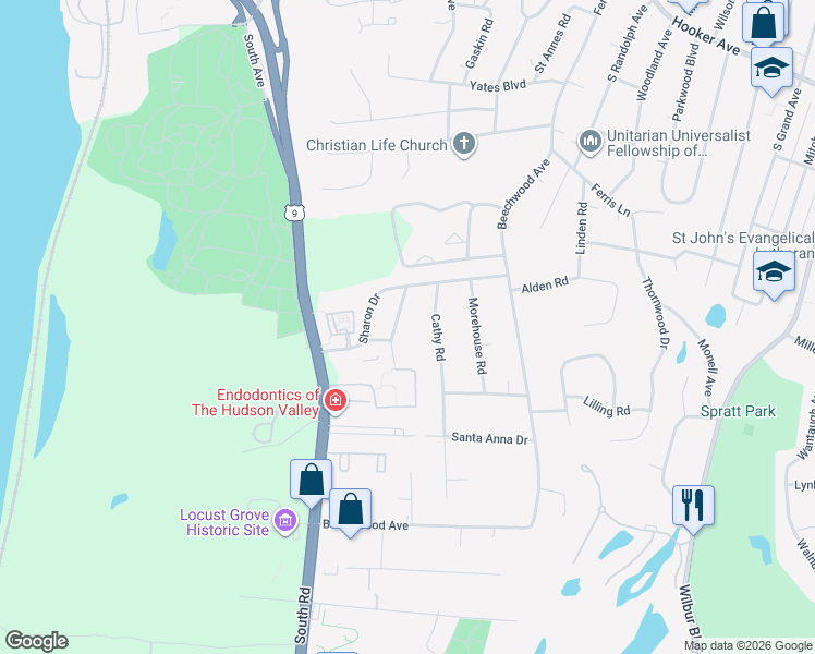 map of restaurants, bars, coffee shops, grocery stores, and more near 9 Cathy Road in Poughkeepsie