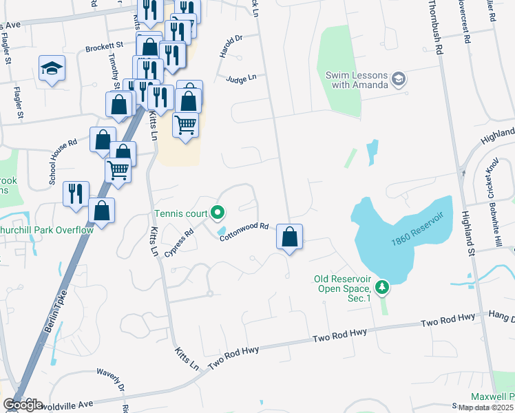 map of restaurants, bars, coffee shops, grocery stores, and more near 703 Cypress Road in Newington