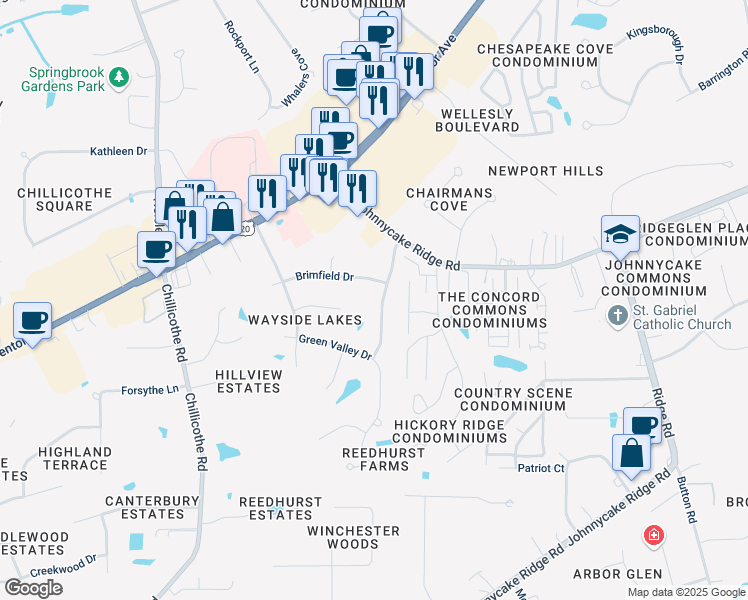 map of restaurants, bars, coffee shops, grocery stores, and more near 7074 Brandywine Drive in Mentor