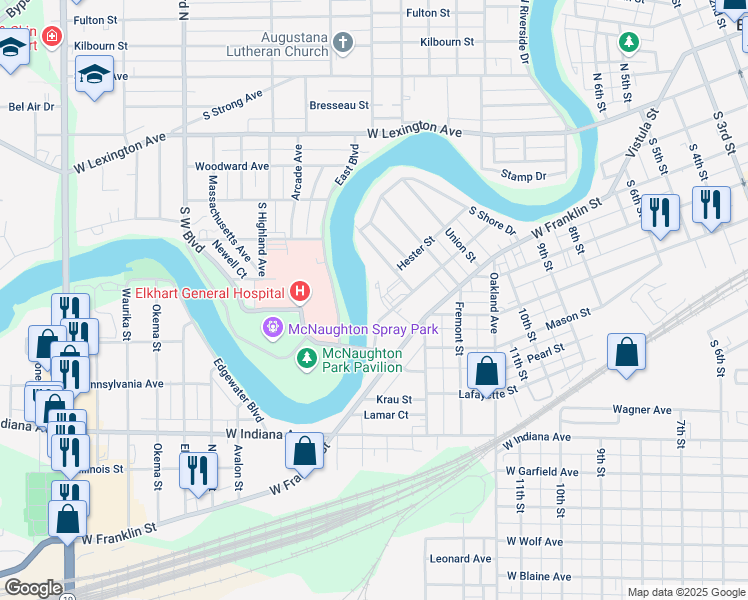 map of restaurants, bars, coffee shops, grocery stores, and more near 207 Troxel Avenue in Elkhart