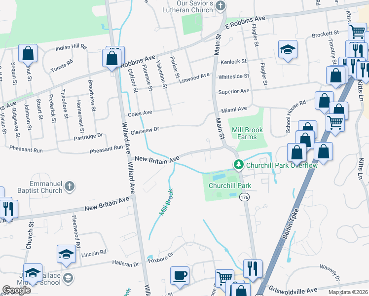map of restaurants, bars, coffee shops, grocery stores, and more near 66 New Britain Avenue in Newington