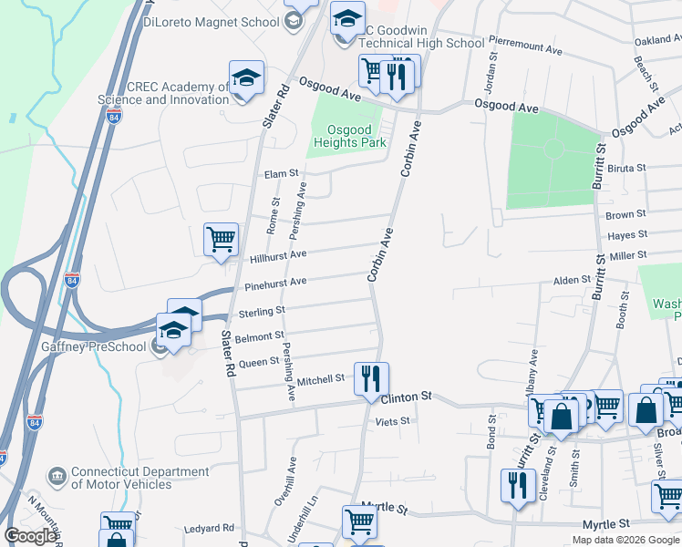 map of restaurants, bars, coffee shops, grocery stores, and more near 50 Hillhurst Avenue in New Britain