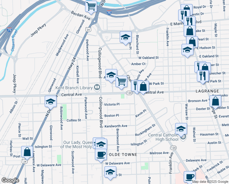 map of restaurants, bars, coffee shops, grocery stores, and more near 429 Cumberland Place in Toledo