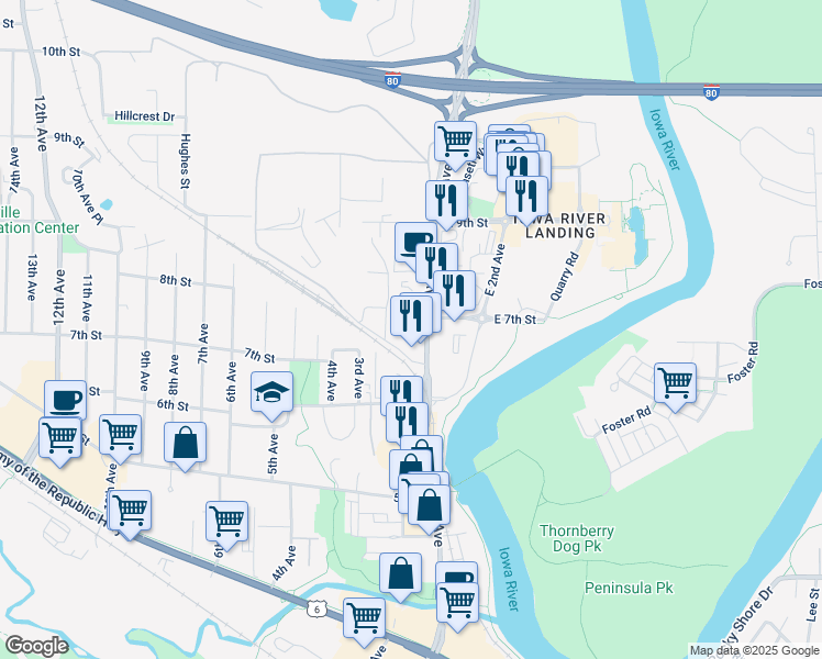 map of restaurants, bars, coffee shops, grocery stores, and more near 110 East 7th Street in Coralville