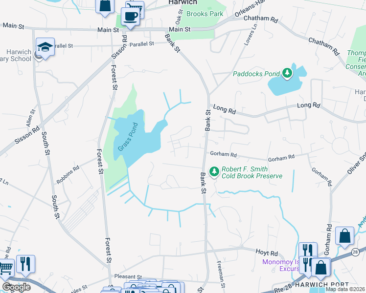 map of restaurants, bars, coffee shops, grocery stores, and more near 61 John Nelson Way in Harwich