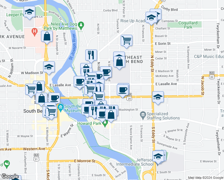 map of restaurants, bars, coffee shops, grocery stores, and more near 222 North Saint Louis Boulevard in South Bend