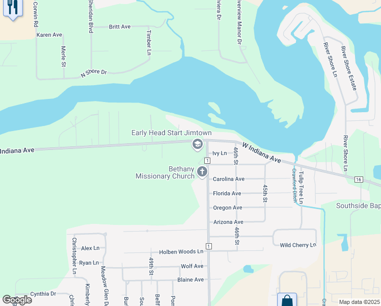 map of restaurants, bars, coffee shops, grocery stores, and more near 30046 County Road 16 in Elkhart