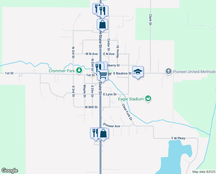 map of restaurants, bars, coffee shops, grocery stores, and more near R East Baubice Street in Pioneer