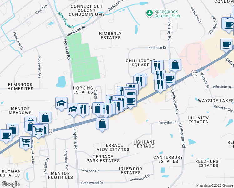 map of restaurants, bars, coffee shops, grocery stores, and more near 110 Maplegrove Lane in Mentor