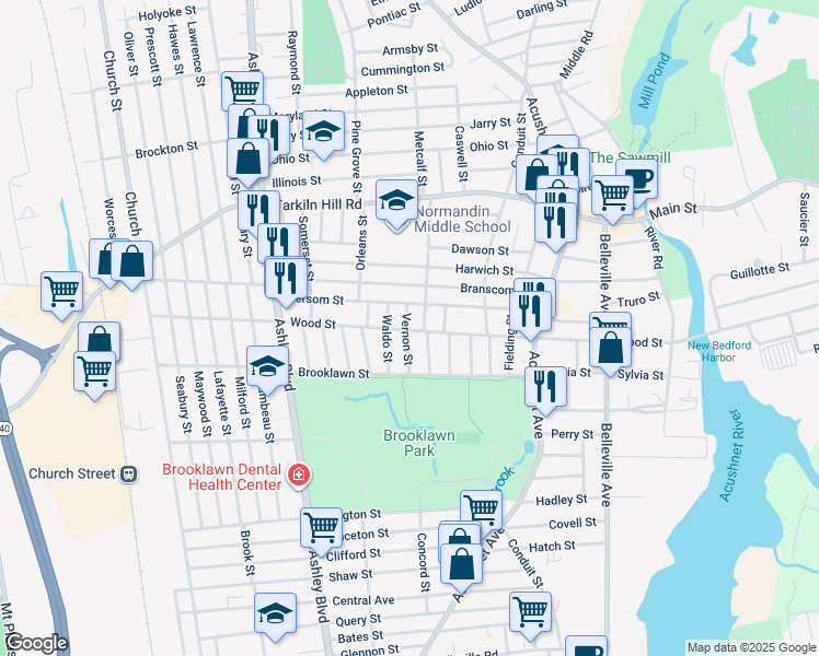 map of restaurants, bars, coffee shops, grocery stores, and more near 333 Wood Street in New Bedford