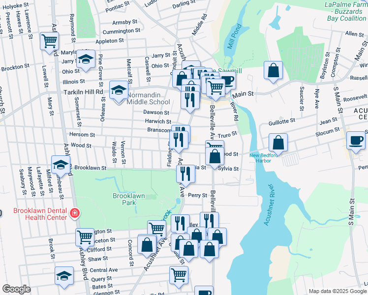 map of restaurants, bars, coffee shops, grocery stores, and more near 2090 Acushnet Avenue in New Bedford