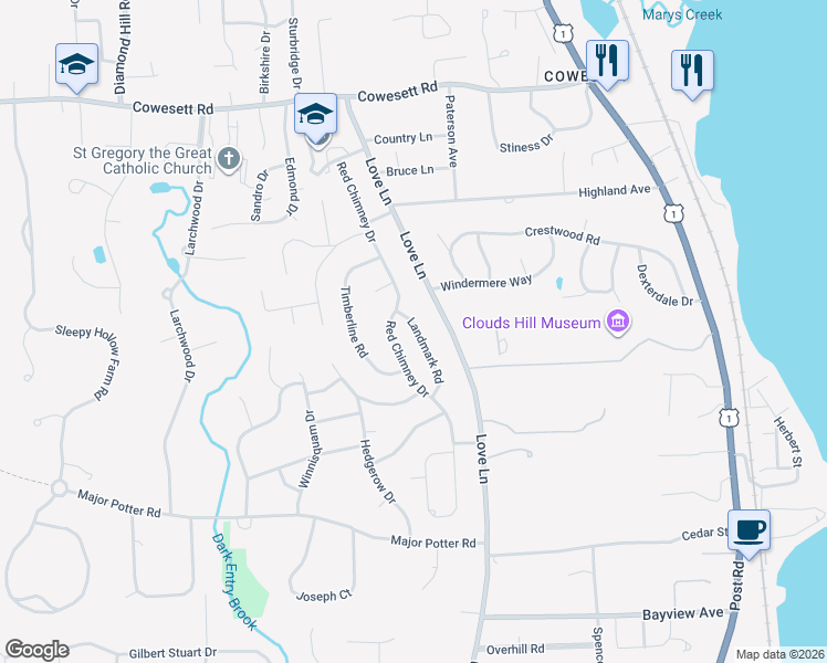 map of restaurants, bars, coffee shops, grocery stores, and more near 247 Love Lane in Warwick
