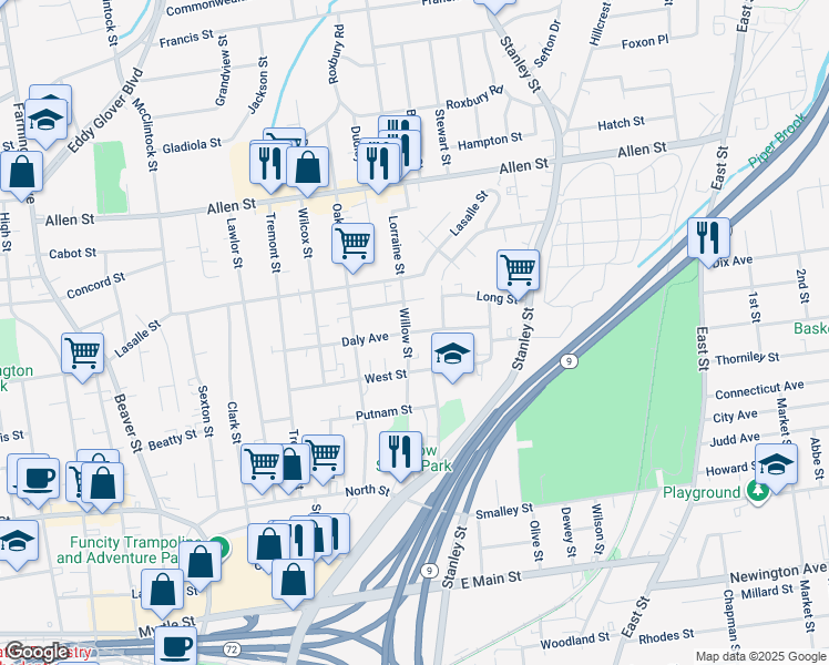 map of restaurants, bars, coffee shops, grocery stores, and more near 10 Ledgecrest Avenue in New Britain