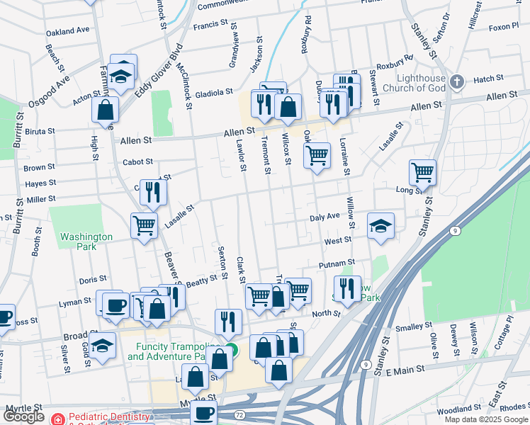 map of restaurants, bars, coffee shops, grocery stores, and more near 190 Tremont Street in New Britain